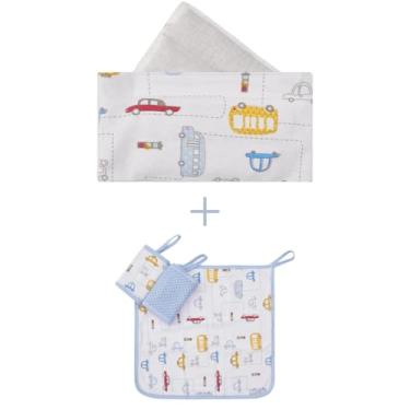 Imagem de Kit Combo Cinta Faixa Termica Abdominal Anti-Cólica Sementes e Ervas + Paninhos de Boca bebê Babete Malha (Carros)