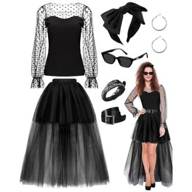 Imagem de Coume 7 peças de fantasia de Halloween dos anos 80, conjunto de acessórios para cosplay, preto, gótico, vintage, saia de renda, Preto, M