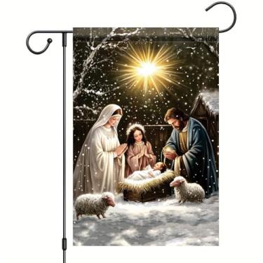 Imagem de Saoplasa Bandeira de jardim de Natal presépio manjedoura da família sagrada 30,5 x 45,7 cm, faixa dupla face para jardim ao ar livre para decorações de férias religiosas bebê Jesus inverno neve