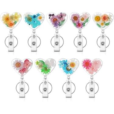 Imagem de 9 peças carretel de crachá de flor conveniente carretel de crachá de enfermeira com chaveiro porta-chaves porta-crachás retráteis resina floral seca clipe de crachá para professor, enfermeira, médica