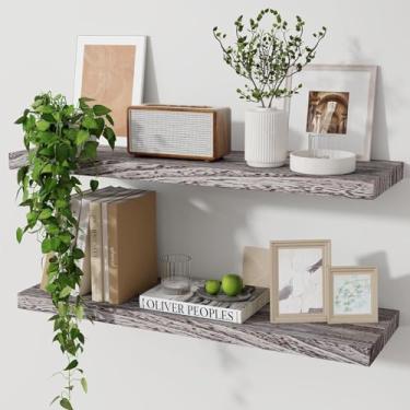 Imagem de Marsmiles Prateleiras flutuantes de madeira para parede, conjunto de 2 prateleiras flutuantes de madeira rústica, 61 cm de largura, visor invisível montado na parede para sala de estar, quarto,