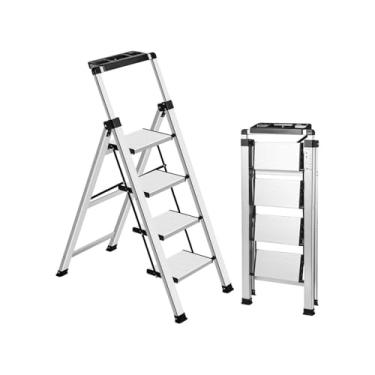 Imagem de Escada retrátil dobrável com pedal largo antiderrapante, escada de alumínio, banco dobrável de 4 degraus