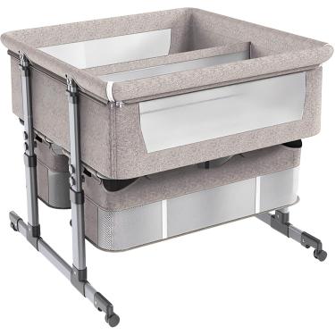 Imagem de 3-em-1 Co-sleeper Twins Baby Bed Berço Com Cesta De Armazenamento Cama De Bebê Portátil Basinette 6 Altura Ajustável Anti-emese Cabeceira, B