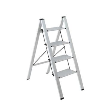 Imagem de Banqueta de escada com corrimão - Escada de liga de alumínio de 4 degraus, pedal largo portátil antiderrapante, multiuso para uso doméstico e escritório, banco dobrável (prata)