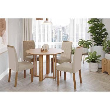 Imagem de Conjunto: Mesa Sala Jantar Flora Tampo Madeirado 109cm e 4 Cadeiras Juliana Cinamomo - Carvalho/Linho Bege - Cimol
