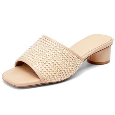 Imagem de Coutgo Sandálias femininas deslizantes de malha salto grosso mules bico aberto sapato social sem cadarço verão, Raffia Apricot, 38