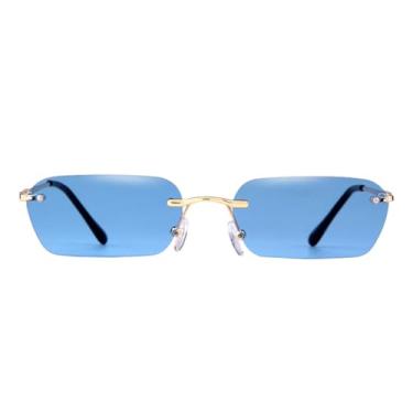 Imagem de VFDHN Óculos de sol retangulares retrô femininos e masculinos, armação pequena, sem aro, azul e vermelho, luxo (3)