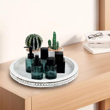 Imagem de KHZSPP Bandeja redonda de madeira rústica com contas bandeja de servir elegante bandeja de mesa de centro decorativa decoração de casa para casa de fazenda cozinha sala de jantar sala de estar mesa de