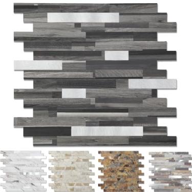 Imagem de Yipscazo 10 folhas de revestimento de azulejo de metal de pedra, cole em azulejos para cozinha, banheiro, lavanderia, acampamento, lareira (30 x 30 cm, grão de madeira preta)