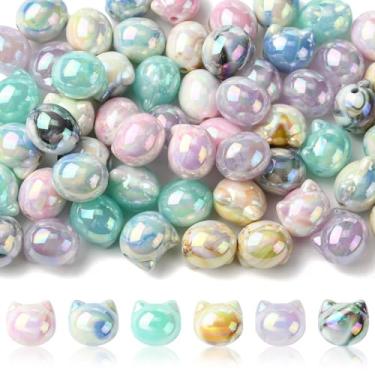 Imagem de UR URLIFEHALL 60 peças, contas de acrílico para cabeça de gato, 6 cores, contas opacas para animais de estimação, banhadas a UV, iridescente, contas espaçadoras soltas para fabricação de joias a