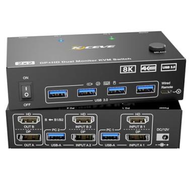 Imagem de 4K@144Hz HDMI Displayport KVM Switch 2 Monitores 2 Computadores, Camgeet USB 3.0 Dual Monitor KVM Switch para 2 PC 2 Monitores e 4 Portas USB 3.0, Adaptador 12V e Controle Remoto com Fio Incluídos