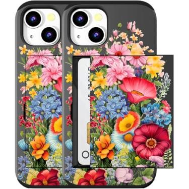 Imagem de MUQR Capa compatível com iPhone 15 com porta-cartão fofo - Design Kawaii, proteção contra quedas de nível militar, capa carteira robusta para mulheres (flor de jardim preta e vermelha)