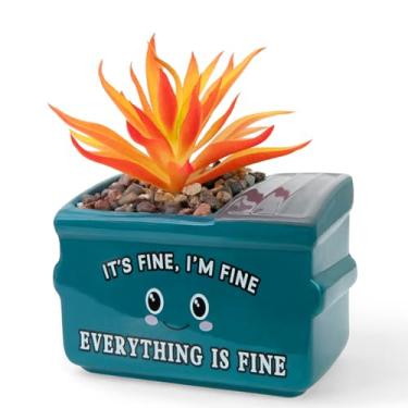 Imagem de YINUOWEI Decoração de mesa de lixo com suporte emocional, plantas falsas em vasos de cerâmica para suculentas, acessórios de mesa de escritório com pensamento positivo motivacional, presentes