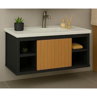 Imagem de Conjunto Gabinete Cuba E Espelheira Para Banheiro Completo Com Nichos Porta Espelho (Preto/Ripado)