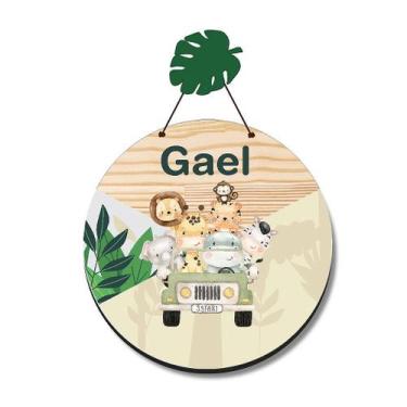 Imagem de Enfeite Porta Maternidade MDF Safari com Pendurador de Folha e Nome Pe