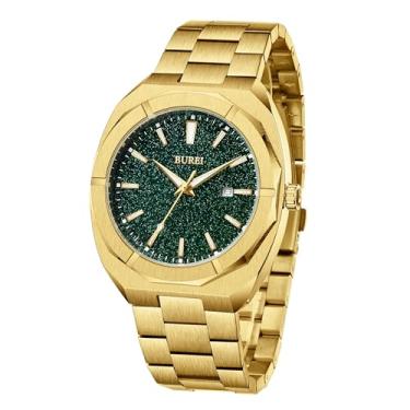 Imagem de BUREI Relógios masculinos modernos analógicos de quartzo, data, relógio de pulso à prova d'água com pulseira de aço inoxidável, Verde, Clássico, moderno, casual
