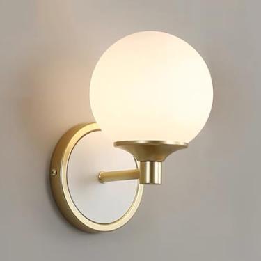 Imagem de Arandela moderna dourada, luminária de parede branca de cabeceira com cúpula de vidro branco leitoso, luminária de banheiro branca, luminária de penteadeira globo E27, arandelas de parede co