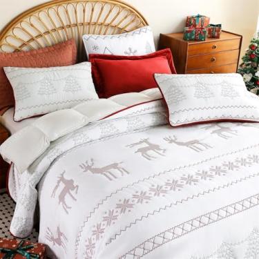 Imagem de Conjunto de colcha tamanho queen de Natal vermelho - 233 x 244 cm com 2 fronhas - edredom de cama bordado requintado para todas as estações - cobertor leve - decorações de festivais