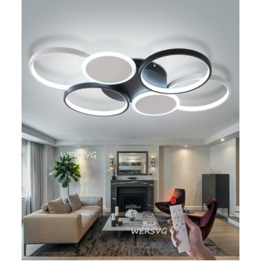 Imagem de Luminária de teto LED preta, 6 luzes, grande, atmosférica, retangular, moderna, para sala de estar, luminária de teto regulável com controle remoto, 3000-6000K, luminária geométrica para qua