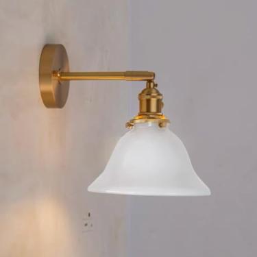 Imagem de Luminária de parede moderna de latão, luminária de parede de vidro liso branco retrô com interruptor giratório, luminária de parede vintage ajustável de latão escovado, decoração contemporân
