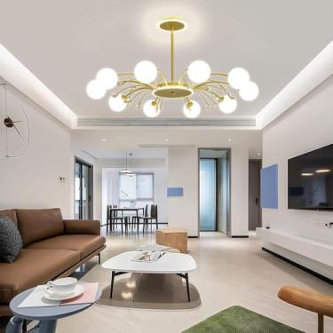 Imagem de Lustre Sputnik Lustres Modernos Dourados Lustres de Teto de Meados do Século Luminária de Decoração de Cristal Luminária Pendente com Abajur de Vidro Branco Leite para Sala de Estar Cozinha