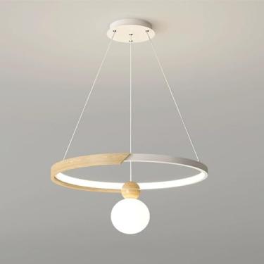 Imagem de Lustre moderno LED Luminária circular redonda de madeira pendente luz branca quente 3000K Nordic Teto Pendurado Lâmpada Acrílica Milk Ball Sala de Jantar Iluminação Cozinha Ilha Quarto, Cor