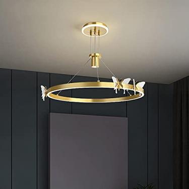 Imagem de Ayuxian Sala de estar Lustre de escurecimento inteligente Criatividade Anel Forma Ferro forjado Luzes pendentes Voz inteligente Luzes suspensas Altura ajustável (57 cm)