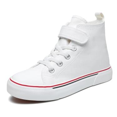 Imagem de Zoroadke Tênis infantil de lona com lantejoulas brilhantes e cano alto com alça ajustável para meninas e meninos, Tela branca, 9 Toddler