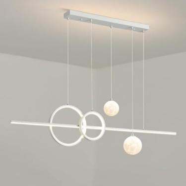 Imagem de Lustre Linear Pendente Luz Lustre Moderno com Bola Branca Leite Regulável LED Linear Lustre Long Strip Pendurado Luz de Teto para Sala de Jantar Sala de Estar Restaurante Bar, Branco