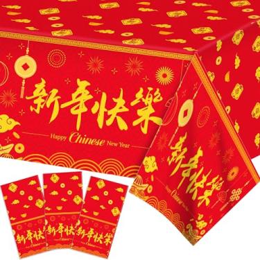 Imagem de 3 peças de toalha de mesa de ano novo chinês, capas de mesa vermelhas descartáveis de plástico para decorações de ano novo lunar, decorações de festa de inverno, 203 x 128 cm