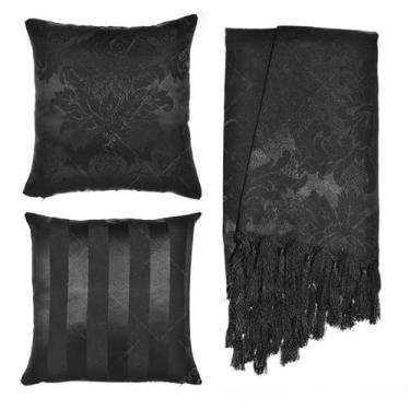 Imagem de Kit 1 Manta Xale para Sofá e Poltronas Em Tecido Jacquard 2 Capas De Almofada (Preto,1 Manta - 2 Capas)