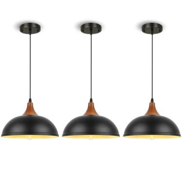 Imagem de Conjunto de 3 luminárias pendentes de madeira, luminária de teto nórdica com lustre único, luminárias pretas suspensas para sala de jantar, quarto, café e bar