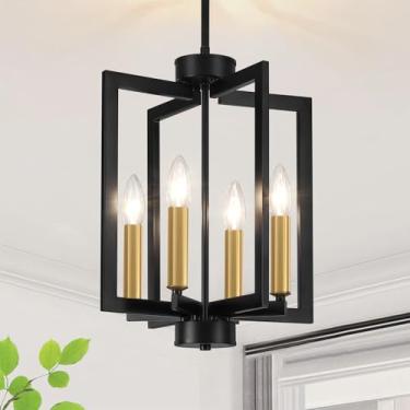 Imagem de YUEMZS Lustres modernos de 4 luzes para sala de jantar, luminárias sobre mesa, lustres de entrada pretos e dourados, luzes pendentes de casa de fazenda, ilha de cozinha, pequeno lustre para hall de