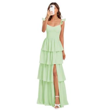 Imagem de Vestido de dama de honra Dessiny Long Verde Menta Chiffon Aline US28W