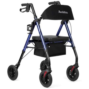 Imagem de Andador Rollator Ambliss com Assento para Idosos, Rodas de 20cm, Suporta até 136kg, Cesto e Encosto Largos, Altura Ajustável