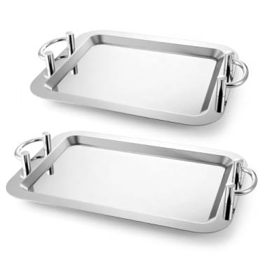 Imagem de Tiangrid Bandeja de servir 2 peças de aço inoxidável, 40,6 x 13 e 40,6 x 30,5 cm, bandeja de metal portátil resistente com alça espelhada buffet salgadinho de aço polido para café, sobremesas, bolos