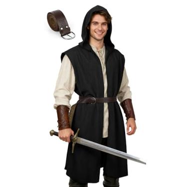 Imagem de Fantasia masculina renascentista com capuz, sobretudo, túnica medieval, sem mangas, capa viking, fantasia Holloween LARP Assassino Cosplay, Preto, P