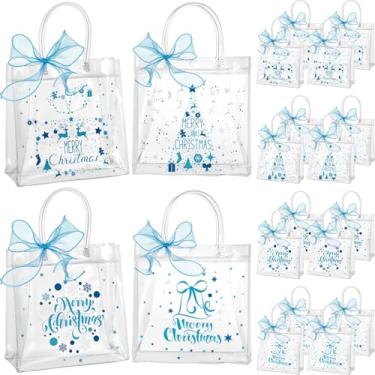 Imagem de Henoyso 24 sacos de presente transparentes de Natal com alças e fita, saco de plástico para doces de Natal, sacolas de embrulho de presente de PVC para lembrancinhas de festa de Natal (azul, 19 x 20 x