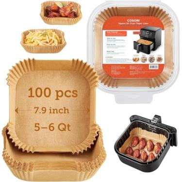 Imagem de COSORI Forros para fritadeira a ar, 100 peças de forros de papel descartáveis quadrados, revestimento de óleo de silicone antiaderente, pouca ou nenhuma limpeza, 20 cm de grau alimentício cru, resistente a 240 °C, espesso, não é fácil de quebrar