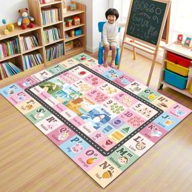 Imagem de Tapete ABC infantil para sala de jogos, sala de aula, tapete de área do alfabeto, tapete lavável para quarto de bebê, sala de jogos, quarto, chão, berçário (rosa, 1,12 x 1,8 m)