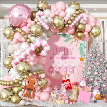 Imagem de Pink Christmas Decorations Balloon Arch Kit, Gingerbread Candy Cane 4D Balloon Pastel Pink White Gold Snowflakes Balloons for Winter Wonderland Candyland Xmas Birthday Baby Shower Party Decorations