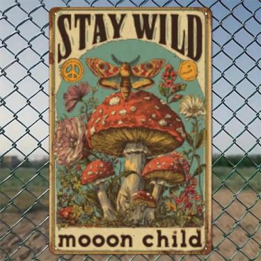 Imagem de Pôster de cogumelo borboleta infantil Stay Wild Moon arte de parede de alumínio rústico e placa de metal - 20 x 30 cm decoração vintage para ambientes internos e externos para casa, escritório, café