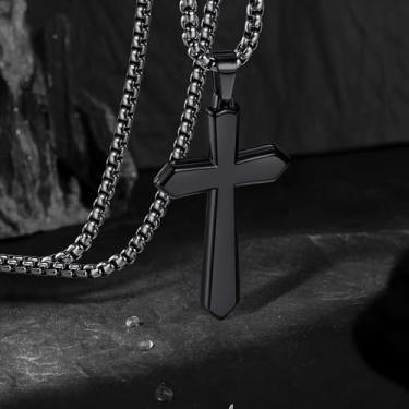 Imagem de Colar masculino banhado a ouro/preto/branco – Corrente de ouro ousado de 40,6 a 56 cm com pingente de cruz, colar de cruz hipoalergênico personalizado não mancha, joias modernas para presentes de