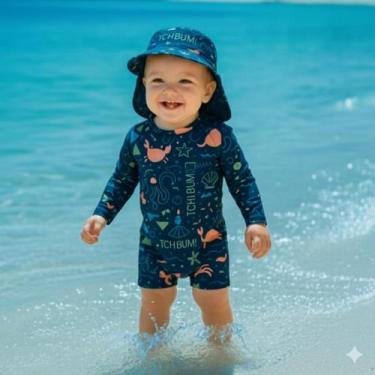 Imagem de Macacão Bebê Menino Infantil Chapéu Proteção Solar UV50 Manga Longa Pr