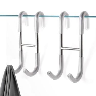 Imagem de eispap 2 ganchos de porta de chuveiro, ganchos de toalha para banheiros, porta de vidro sem moldura, gancho de aço inoxidável SUS 304 resistente para toalhas, rodo, bucha, barbeador, roupão (2, prata)
