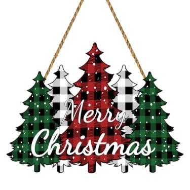 Imagem de YUNKKIN Decoração de parede de Natal, sinal de Feliz Natal, árvore xadrez, buffalo, decoração de porta, cabide de madeira, guirlanda para pendurar na parede, decoração de casa interna