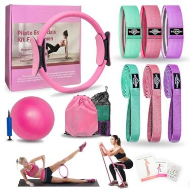 Imagem de DICYWUDI Kit essencial de pilates para mulheres em casa, equipamento de pilates para exercícios, 6 faixas de resistência de tecido, anel de ioga de círculo mágico de 30 cm, mini bola de exercício