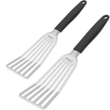 Imagem de Beijiyi Conjunto de 2 espátulas de peixe de aço inoxidável de 34,3 cm e 29,7 cm com cabo de silicone, lâmina curvada, espátulas de metal para uso na cozinha, utensílios de cozinha para virar peixe