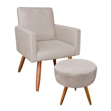 Imagem de Kit Poltrona E Puff Redonda Veludo Pés Palito Castanho Bege