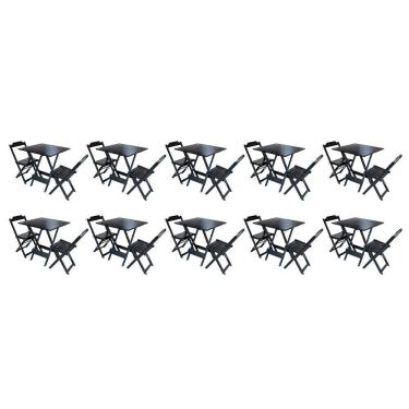 Imagem de Kit 10 Jogos De Mesa Dobravel Com 2 Cadeiras De Madeira 70x70 Ideal Para Bar E Restaurante - Preto